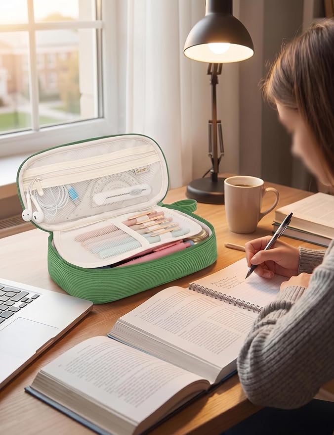 SUNEE Cute Pencil Case, Large Pencil Pouch, Soft Corduroy Fabric Big Pencil Bag with Zipper, Kawaii Pen Bag Stationery Storage and Organizer, School Supplies for Teen, Student, Boys, Girls, Soft Green