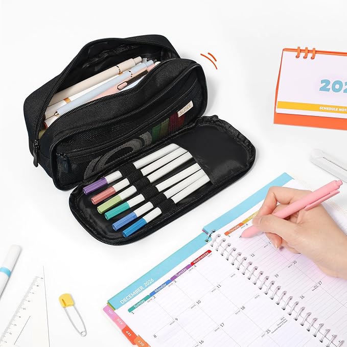 SUNEE Pencil Case, Large Capacity Pencil Pouch, Extra Big Pencil Bag with 6 Compartments, 900D Oxford Pencil Box for Office Stationery Organizer, School Supplies for Teen Boys Girls Women Men, Black