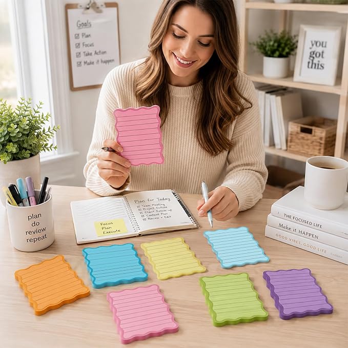 Whaline 8Pcs Stripe Scalloped Sticky Notes 4 x 6 Inch Vibrant Color Striped Self Adhesive Lined Notepad Removable Memo Pad for Classroom Office Home School Party Supplies