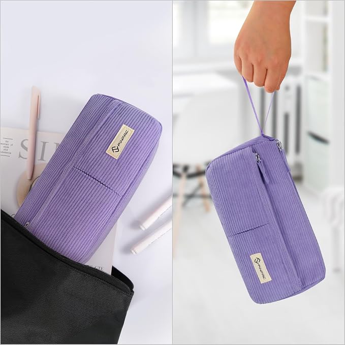 FINPAC Pencil Case, Corduroy Triangle Makeup Bag Kawaii Pen Bag Pouch | Pencil Holder Box Organize for Study, Office, or Travel, Purple