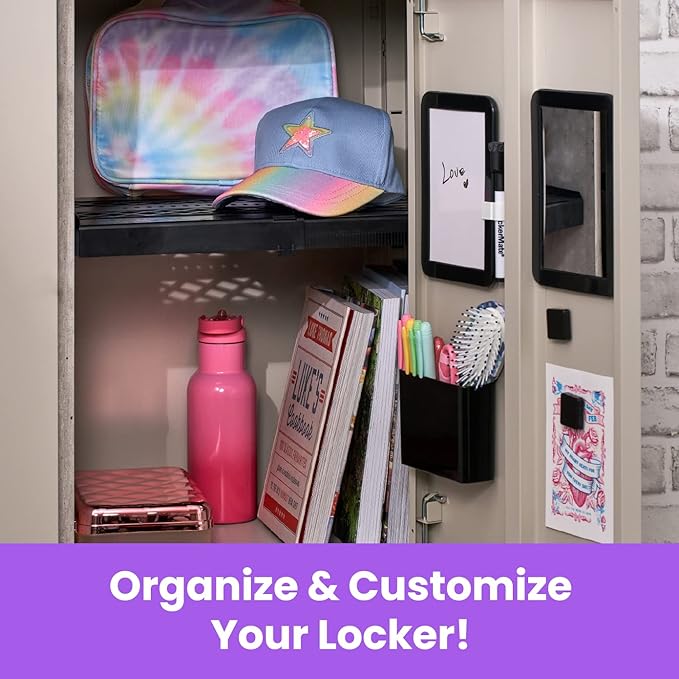 LockerMate 6-Piece Locker Organizer Kit, Includes Mirror, Whiteboard, Storage Cup & Dry Erase Marker, Black