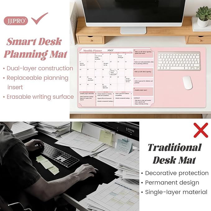 JJPRO Dual-Layer Pink Dry Erase Desk Mat,Large Multi-Use Dry Erase Desk Calendar, Erasable Desk Mat,Double-Sided Faux Leather Desk Pad,Reusable Desk Writing Board for Office, Home-16"x34"