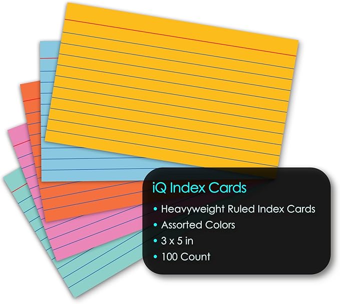 iScholar Index Cards, Ruled, Colored, 3 x 5 Inches, 100 Card Pack (03516)