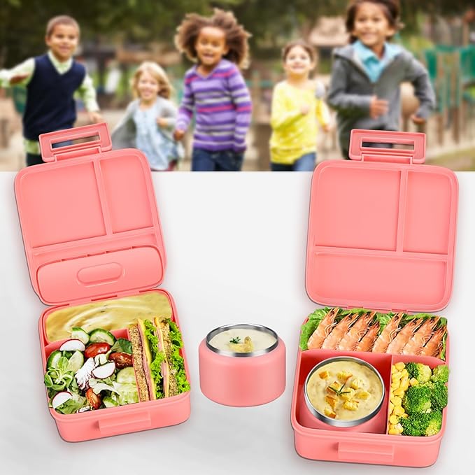 MAISON HUIS Bento Lunch Box with 8oz Soup Thermo, 5-Compartment Leak-Proof Container, Thermo Hot Food Jar and Insulated Lunch Bag, BPA Free,Travel, School (Pink)