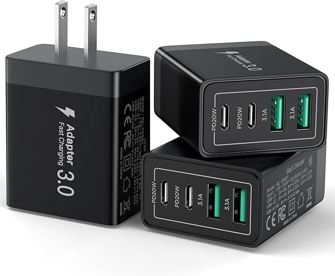 USB C Charger Block, 40W 4-Port Fast Charger 20W Type C Charging Block 3.1A USB Wall Charger Dual Port PD+QC Charging Cube for iPhone 16 15 14 13 12 Pro Max XS, iPad, Samsung Phone (Black 3Pack)