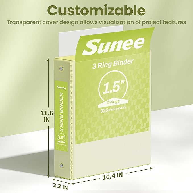 SUNEE 3 Ring Binder 1.5 Inch 2 Pack, Clear View Binder Three Ring PVC-Free (Fit 8.5x11 Inches) for School or Office Supplies, Yellow