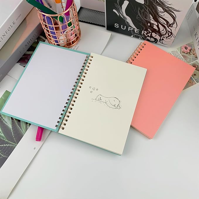 DSTELIN Sketch Coil Notebook Set, 120 Pages (60 Sheets), 2-Pack with 1 Pink and 1 Green Hardcover, 1150GSM Cardstock, 7.5 x 5.1 Inches, 100GSM Paper
