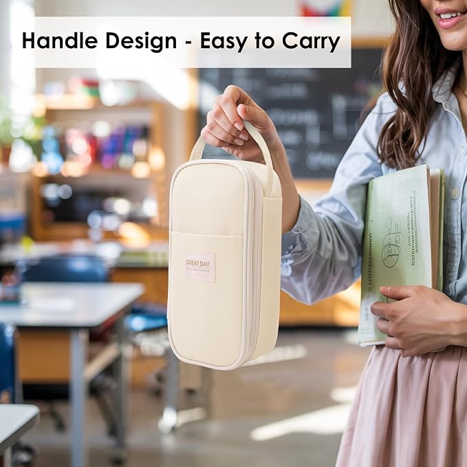 SKYDUE Beige Pencil Case for Girls & Boys - Aesthetic Pencil Bag with Multi-Compartment, Large Capacity Zippered Pencil Pouch for School Supply