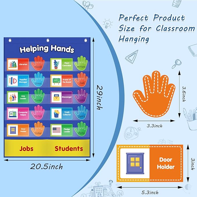 ABCxGOOD Helping Hands Pocket Chart,Classroom Jobs and Management Pocket Chart, Preschool Classroom Must Haves Supplies, Great for Classroom Homeschool. (Blue, 29"*20.5")