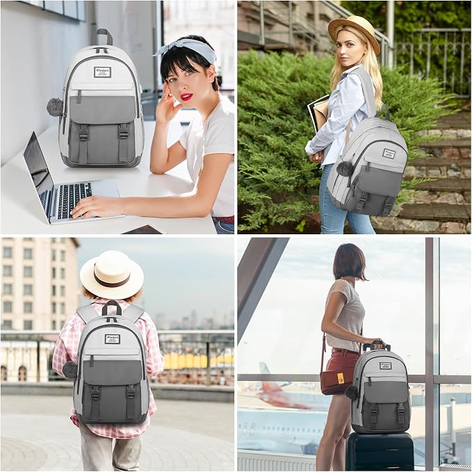 WINDARS School Backpack for Teen Girls, Cute College Backpacks for Women Students Aesthetic Bookbag Large 15.6 Inch Laptop Bag Middle School Travel Back Pack (Dark Grey & Light Grey)