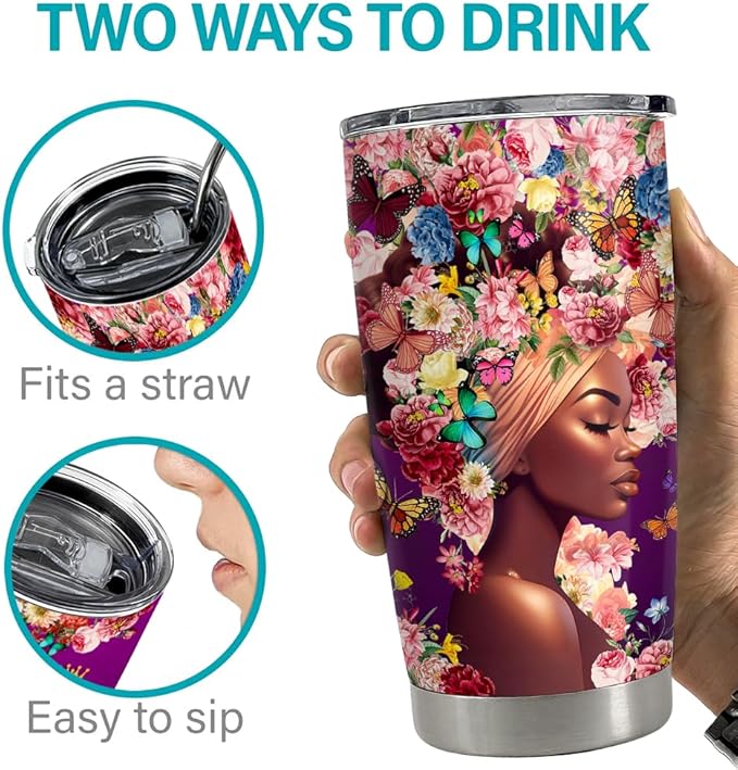 Inspirational Gifts for Women Black Woman Nutrition Facts Inspiration Tumbler 20oz Stainless Steel Insulated Coffee Travel Mug Cup Motivational Gift for Women Birthday Christmas