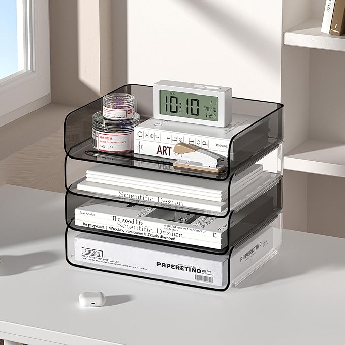 FANXIYQ 4-Tier Horizontal Acrylic Paper Tray Organizer | Clear Stackable Desk Organizer for Documents, Letters, A4 Paper | Modern Office/Classroom/Home Organization,Clear&Brown