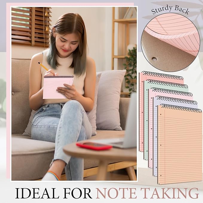 MotiMind 10 Pack 8.5" x 11" Top Spiral Notebook with 3 Hole Punched Light Colors Legal Pads College Ruled Notepad 50 Sheets Hard Cardboard Paper Wirebound Notepad for Office School Business