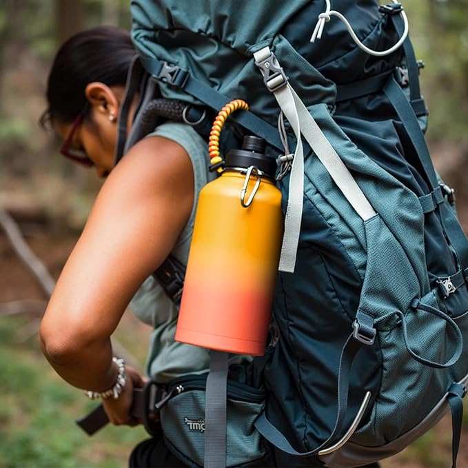 Fijinhom Gallon Water Bottle with 2 Lids (Straw & Spout), 304 Stainless Steel Water Jug with Handle and Wide Mouth, 1 Gallon Vacuum Double Walled Jug for Sports, Outdoors, Yellow&Orange 128 oz