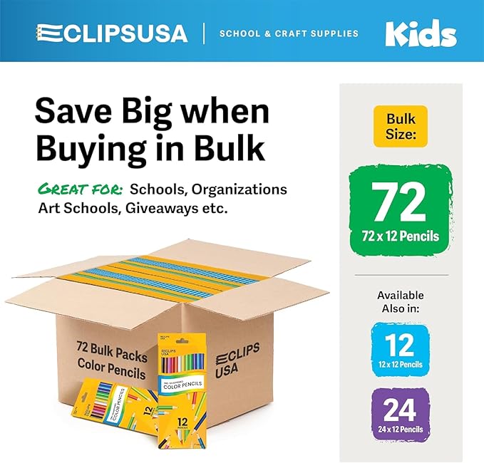E-CLIPS USA Colored Pencils 12 Count Colored Pencils for Kids Vibrant Coloring Pencils Color Pencil Set (3 Pack)