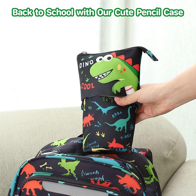 Standing Pencil Case for Boys - Telescopic Kawaii Pencil Pouch for Kids, Big Capacity Stand Up Stationery Pouch for School Students, Black Dinosaur