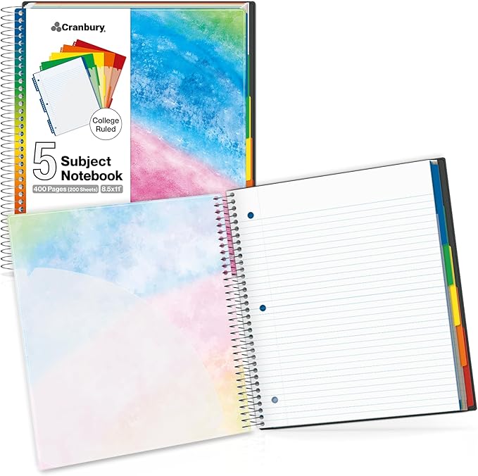 CRANBURY 5-Subject Notebook College Ruled, Movable Pocket Dividers with Tabs, 200 Sheets (400 Pages) 8.5x11 Paper, Colorful Spiral Notebook, Protective Plastic Covers, Multi Subject