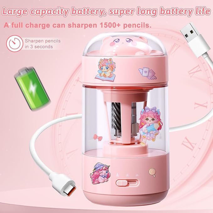 Rechargeable Automatic Electric Pencil Sharpener, Auto in & Out 3 Adjustable Thickness, Type-C Charging, Cute DIY Stickers, for 6-8mm Pencils, 3s Fast Sharpening, Ideal for School & Home (Pink)