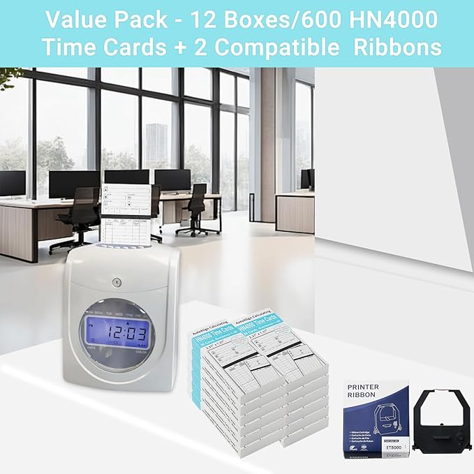 600 Time Cards Includes 2 Replacement Ink Ribbons for HN4000 Employee Time Clocks – Compatible with uPunch HN4000,HN2000, HN2500, HN4500 – Pre-Punched, Cards Numbered 1–50,