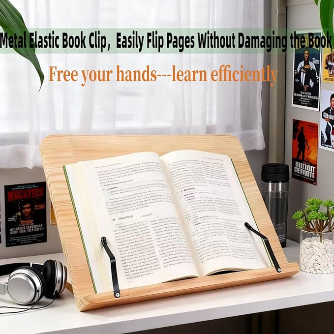 Adjustable Wood Reading Book Stand, Portable Book Holder with Page Stoppers, Ergonomic Desk Book Holder for Reading, Studying, Cooking, Textbook & Recipe Display(13.4x9.45inch)