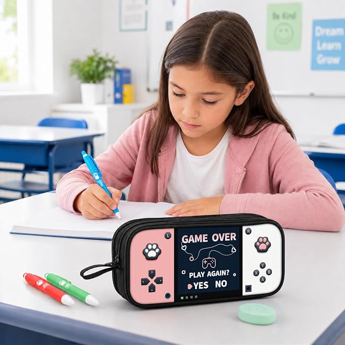 Game Controller Pencil Case for Boys Kids Teens, Large Capacity Pencil Pouch with 3 Compartments, 7 Pockets and Label Pocket for School College Office Travel (Pink & White)
