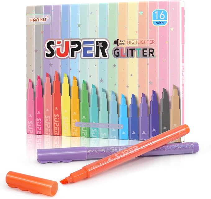 HANKU Glitter Highlighters, 16 Pack, Assorted Chisel Tip Aesthetic Markers | Smooth Shimmering Pastel Ink Perfect for Bullet Journaling, Bible Study, Adult Coloring, and School Supplies