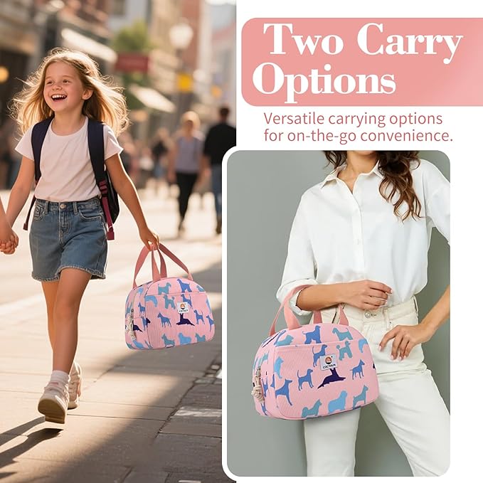 CaCTOUR Lunch Bag Kids,Cute Lunch Box for Kids Boys Girls,Portable Mini Cooler Bag,Small Insulated LunchBox Reusable Corduroy Lunch Tote for School/Travel/Picnic/Work (Dog)