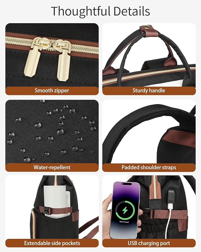 17.3in Computer Backpack for Women, Work Bag Laptop Bookbag with Cup Holder & USB Charger for Teacher Nurse College Travel Back Pack, Gifts, Black Brown
