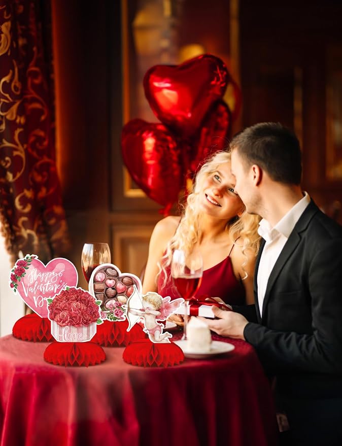 Valentine Honeycomb Centerpieces for Table, 9Pcs Valentine Table Decorations 3D Valentines Centerpiece Red Pink Valentine's Day Decorations Bear Heart Table Toppers for Valentine Party Supplies