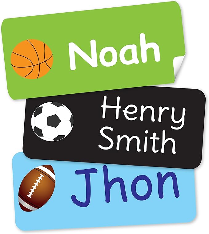 Personalized Name Labels for Kids –130 Waterproof Name Stickers for Daycare, School & Camp | Dishwasher & Microwave Safe | Clothing, Lunch Boxes, Backpacks | Peel & Stick (Sports, Small (1" × 0.5"))