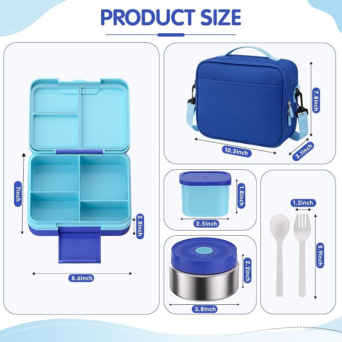 HOMETALL Bento Lunch Box for Kids with 8.5oz Insulated Food Thermo - Leakproof Bento Box Lunch Bags for Ages 3 to 14, Back to School BPA-Free Lunchbox Snack Containers Reusable Daycare Meal Prep,Blue