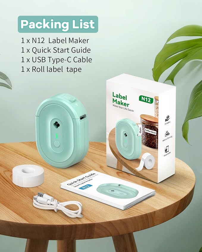 N12 Label Maker Machine with 1 Tape Bluetooth Label Printer, Green | Portable Mini Thermal Sticker Printer with Multiple Templates, Labeling Machine for Home/Kitchen/School/Office Organization