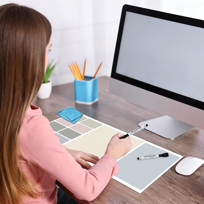 Dry Erase Desk Mat, Large Mouse Pad, Erasable Writing White Board for Making Plans, Self Adhesive Desktop Protector with 2 Wet Erase Markers & 1 Eraser for Home Office School 36"x16" (Gray Green)