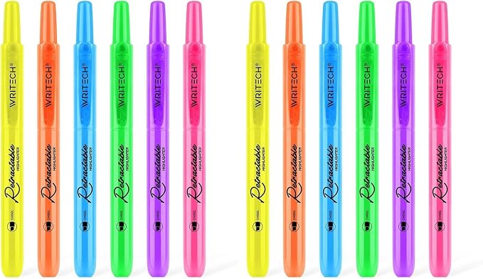 WRITECH Retractable Highlighters Assorted Colors: Chisel Tip Click Aesthetic Highlighter Marker Pens Pack Multi Colored Ink No Bleed Smear for Highlighting Journaling (6ct Neon) (Pack of 2)