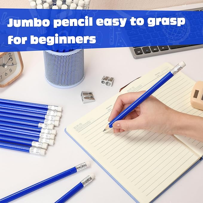 Fainne 102 Pieces Jumbo Pencils Set for Kids Toddlers 96 Thick Fat Large Pencils with Erasers 6 Sharpeners Bulk for Preschool Kindergarten Elementary School Classroom(Blue,Triangle)