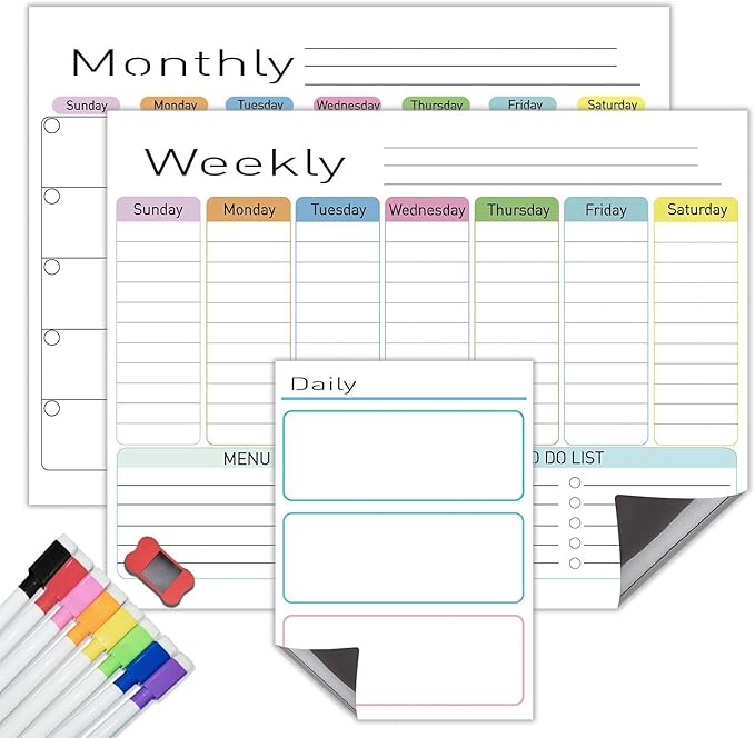 Hivillexun Magnetic Dry Erase Calendar for Fridge - 3 Pack Monthly, Weekly & Daily Planner Set (14"x11"), Includes 8 Ultra-Fine Tip Magnetic Markers & Large Bone Eraser, Reusable Whiteboard