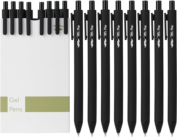 Mr. Pen- Retractable Gel Pens, 8 Pack, Black Ink, Black Barrels, Fine Point 0.5 mm, Fast Dry, Smooth Writing, Cute Pens for Drawing, Writing Planner and School Supplies
