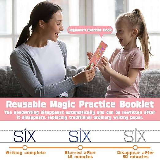 Grooved - 4 children's magic copybooks, Four-in-one pink pencil case set, magic grooved writing practice for kids, magic disappearing writing practice, grooved handwriting practice for kids.