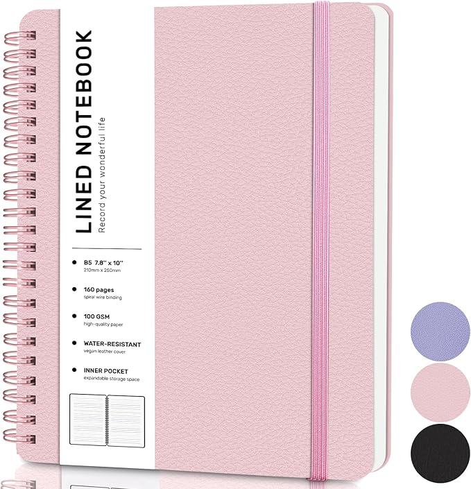 ABERLLS Lined Spiral Journal Notebook with 160 Pages, 7.8×10in, B5 Spiral Notebook, Journaling Notebooks for Work, School, Women, Men, College Ruled Spiral Notebook, Hardcover Leather Journals, Pink
