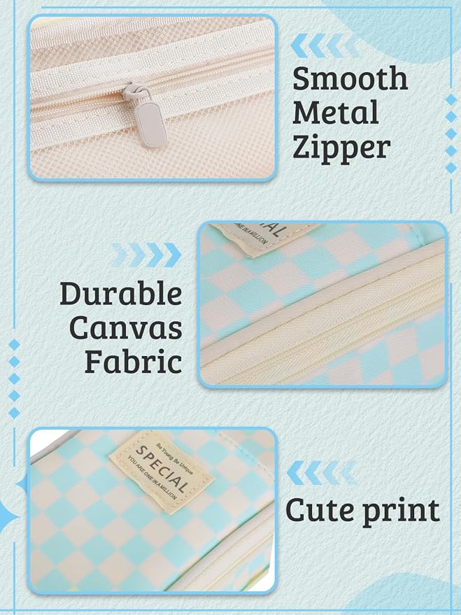 Bigmeta Gingham Expandable Pencil Case for Teens Girls - Light Blue | Zipper Gusset for Adjustable Capacity, Checkered Cute Pencil Pouch, Stationery Bag Box for Student Back to School Gifts