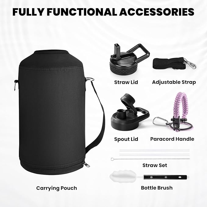 RAYMYLO One Gallon Water Bottle Insulated, Triple Walled Vacuum Stainless Steel (Cold for 48 Hrs), Leak Proof & Non-BPA, Large Water Flask Jug with Paracord Handle & Straw Spout Lids