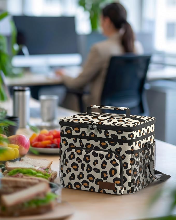 HOTOR Insulated Lunch Box Men Women Leak-Proof Cooler Lunch Bag 9L | 4 Pockets, Adjustable Strap, Ideal for Work, Picnic, Travel, Camping, Gift, Brown Leopard