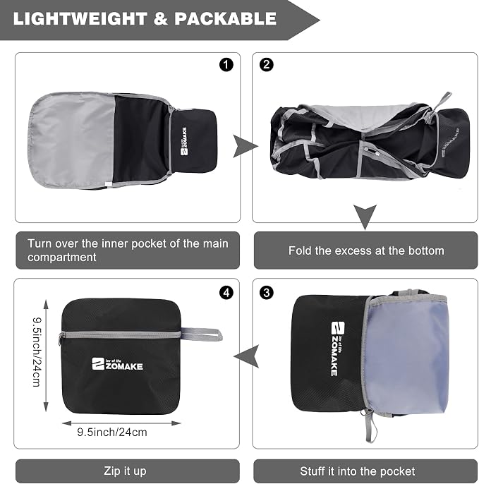 ZOMAKE Lightweight Packable Backpack 35L, Foldable Backpacks Water Resistant Collapsible Light Daypack for Hiking(Black) | Light Hiking Backpacks Collapsible Day Pack for Travel, Everyday Carry, Multi Compartment Storage, Adjustable Strap (Black B)