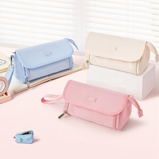 Sooez Super Large Pencil Case, Big Capacity Pencil Bag with 3 Compartments, Hold 200 pencils, Cute Pencil Pouch with Zipper, Portable Stationery Pen Bag, Aesthetic School Supplies For Girls, Pink
