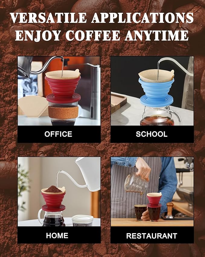 Collapsible Pour Over Coffee Dripper Set, Reusable Pourover Coffee Dripper, Food Grade Silicone Foldable Travel Pour Over with U02 Paper Filters for Camping, Picnic, Traveling (Blue + Red)