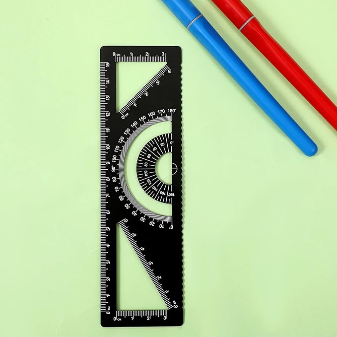 4-in-1 Geometry Set, Multifunctional Geometric Rulers, Aluminium Straight Edge Protractor, Metal Math Ruler Kit, Multifunctional Drafting Tools, 6.7 Inch, Black