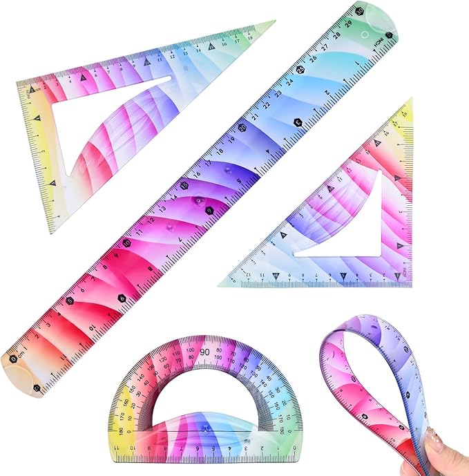 4 Pcs Flexible Rulers Set, Colorful Geometry Kit, Plastic Bendable Shatterproof Soft Rulers, Clear Ruler 30 cm/ 12 Inch, Triangle Rulers and Protractor for Back to School Supplies (12 Inch)