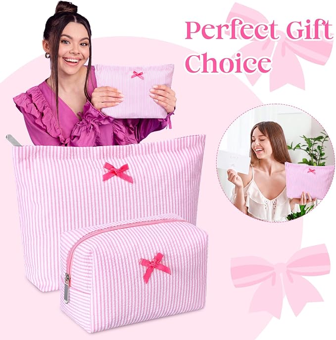 Huhumy 2 Pcs Bow Tie Makeup Bag Set, Stripe Cosmetic Pouch for Women, Seersucker Travel Toiletry Bag, Preppy Makeup Purse Pouch, Aesthetic Skincare Brushes Storage Organizer for Women Gifts(Pink)