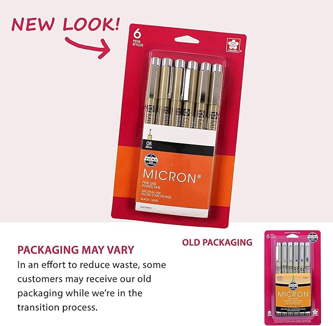 SAKURA Pigma Micron Fineliner Pens, 08 Tip Size, Archival Black Ink, 6 PK 50039