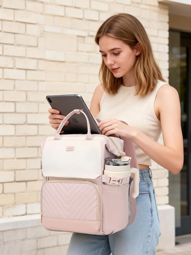 Computer Backpack for Women, Work Bag Laptop Bookbag with Cup Holder & USB Charger for Teacher Nurse College Travel Back Pack, Gifts, Beige Pink